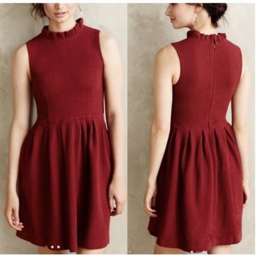 Ganni Dark Red Pleated Mock Neck Sleeveless Dress